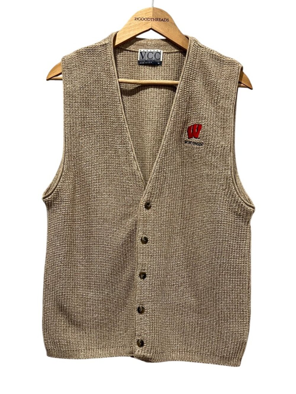 Vantage Club Collection Collegiate Vintage Knit Sweater Vest, UW-Madison, Tan, M